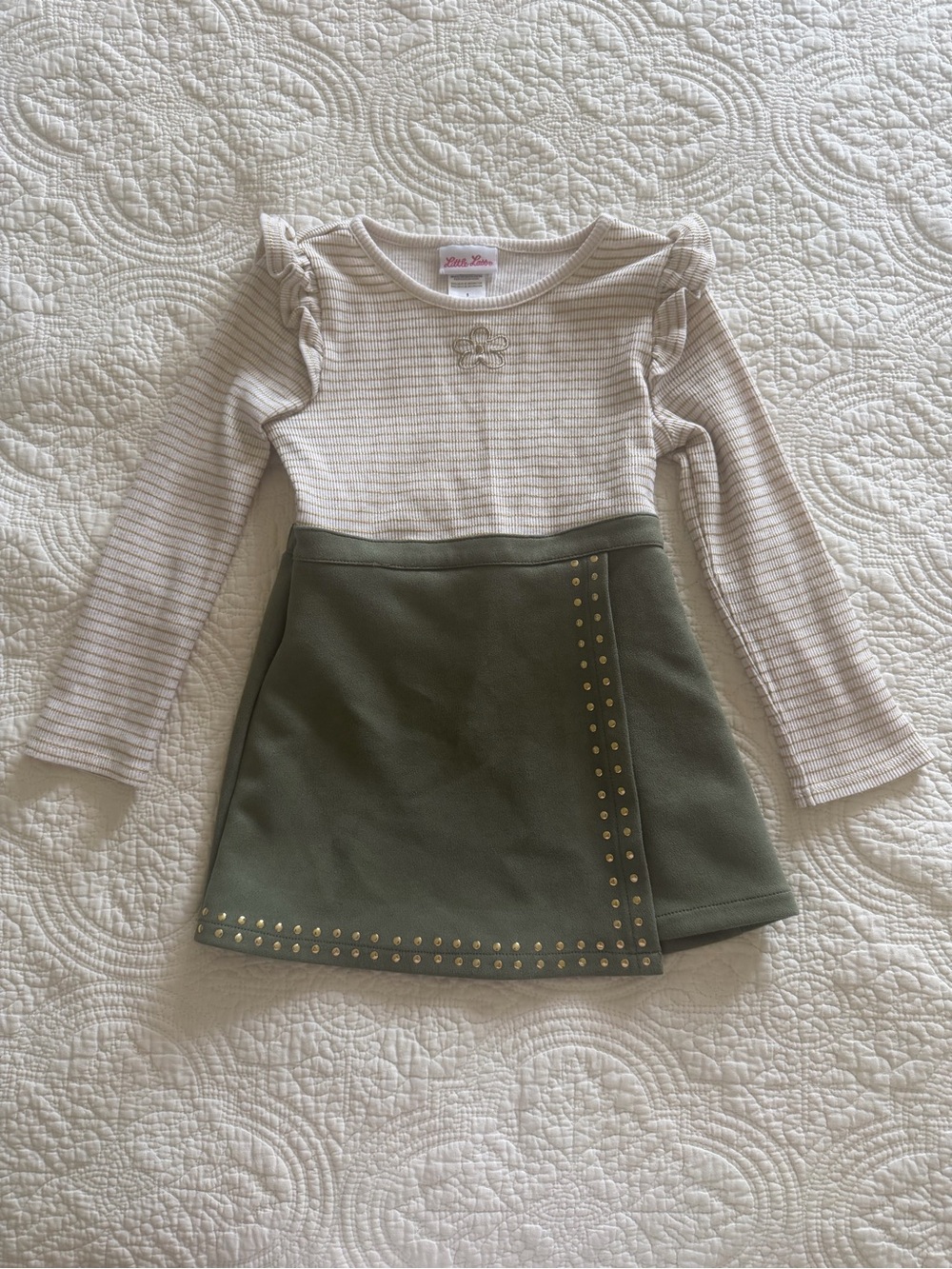 Little Lass Cream Ribbed Long Sleeve Top with Olive Green Skirt and Gold Studs